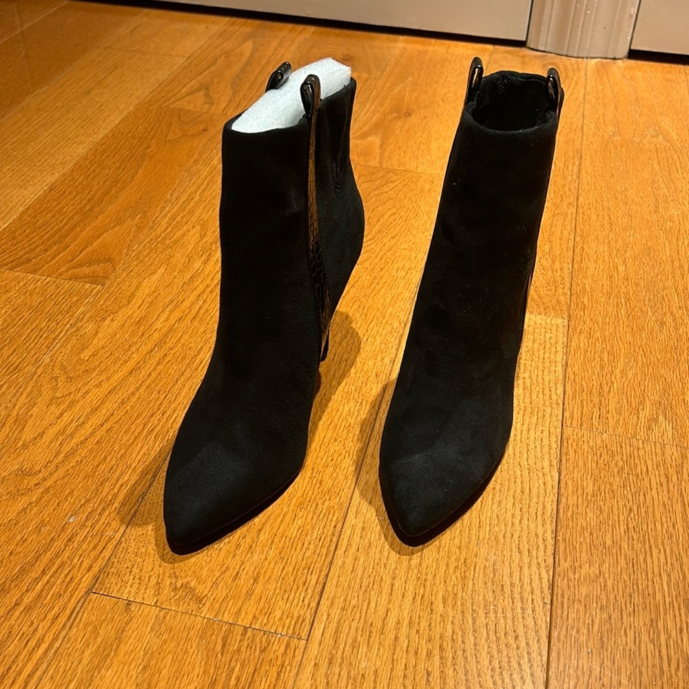 Black suede pointed toe stiletto booties